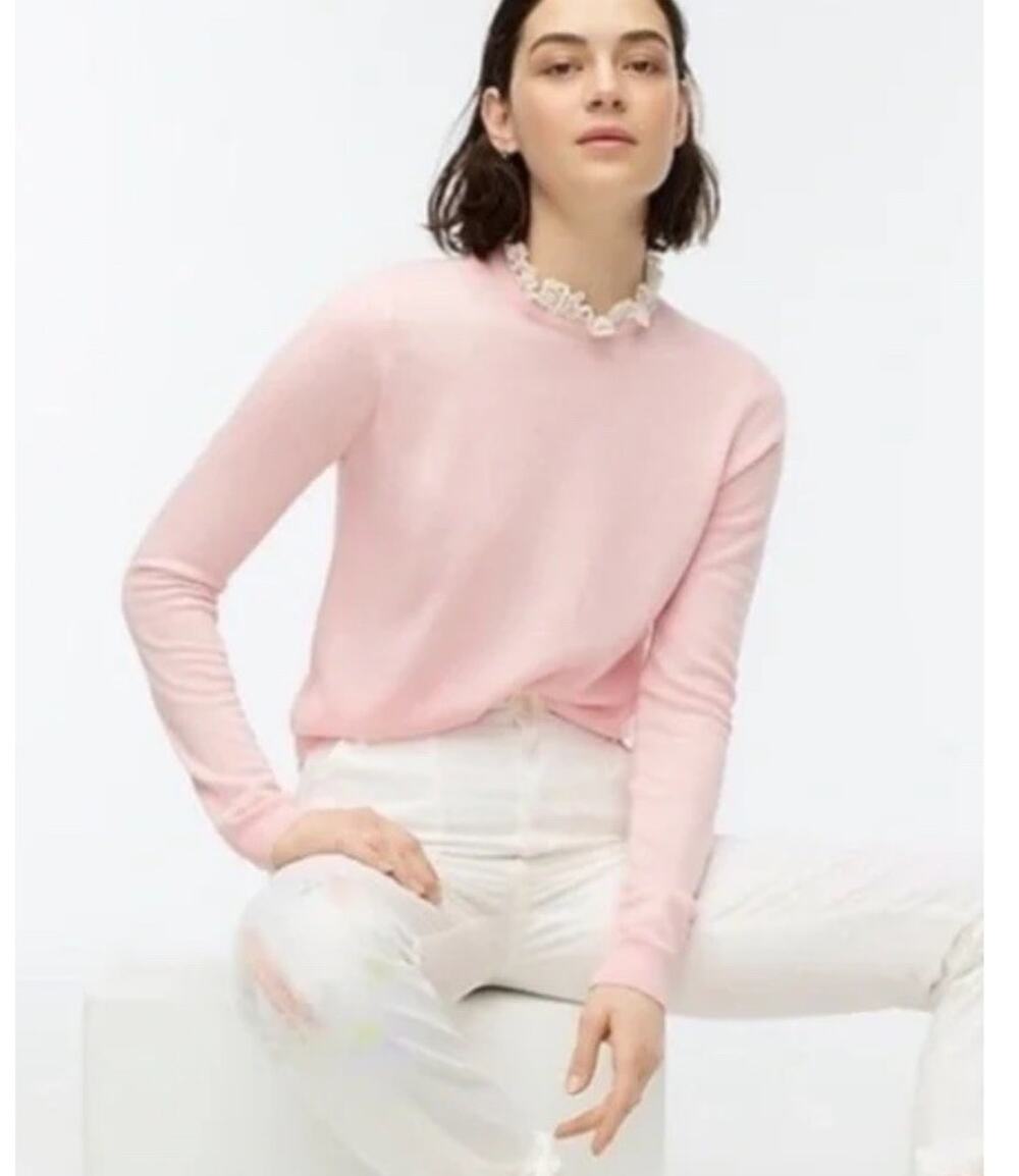 J Crew 100% Merino Wool Tippi Sweater Lace Collar Small Pink Preppy Cottagecore